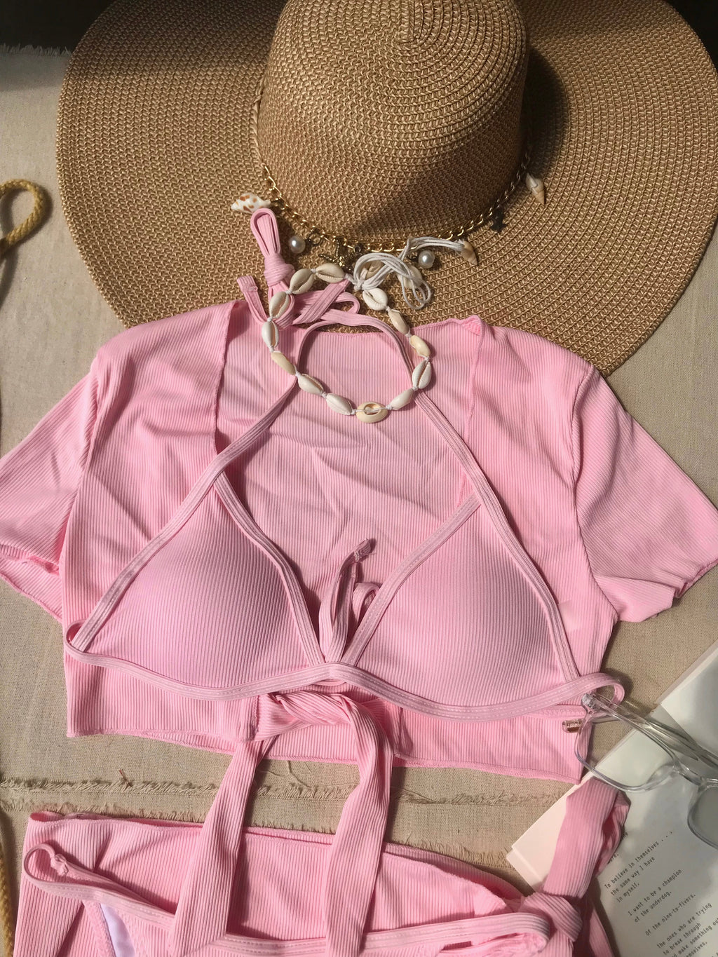 4pc Pink Ribbed Bikini Set