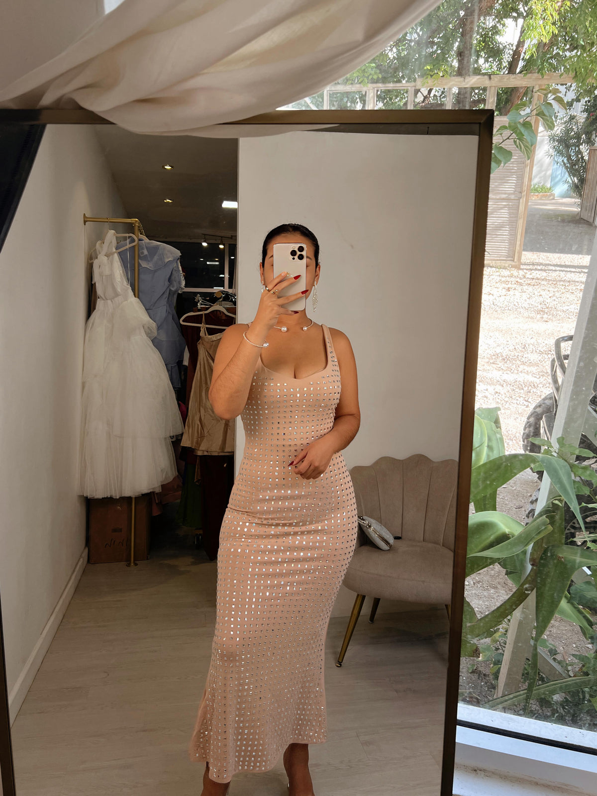 Nude Embellished Midi Dress