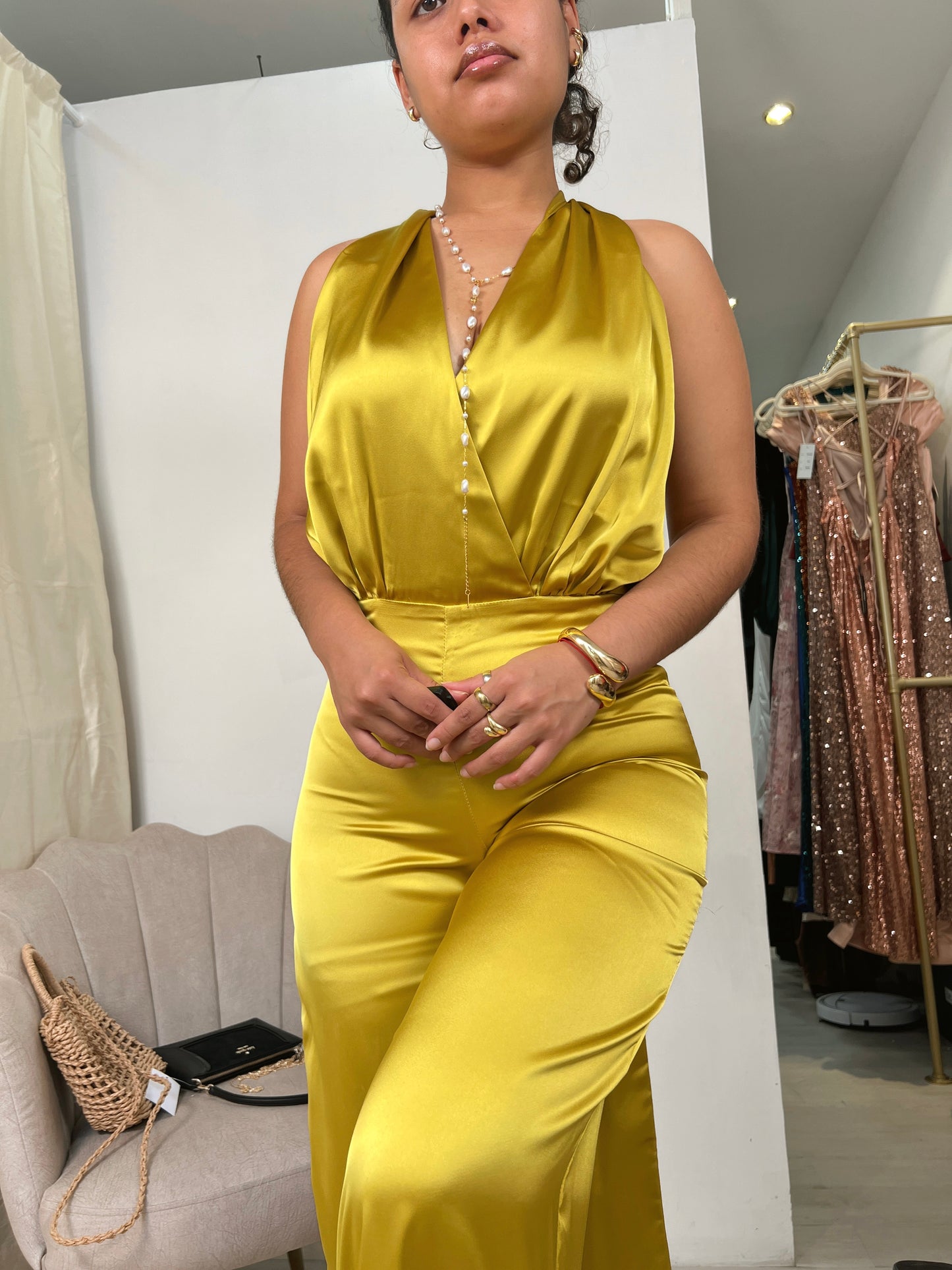 Chartreuse Satin Halter Jumpsuit