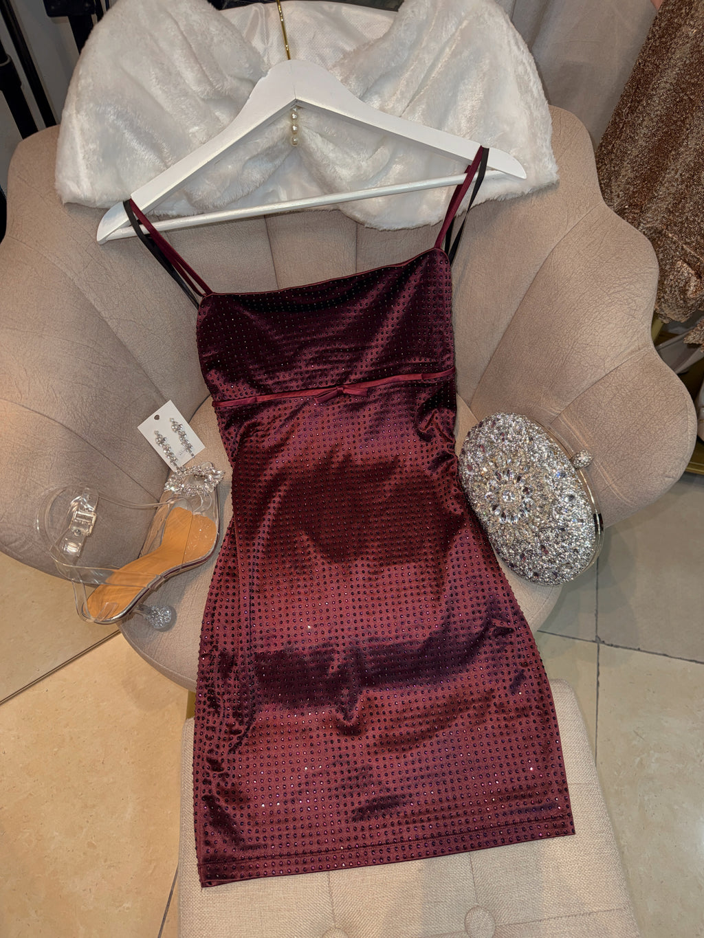 Maroon Rhinestone Embellished Mini Dress