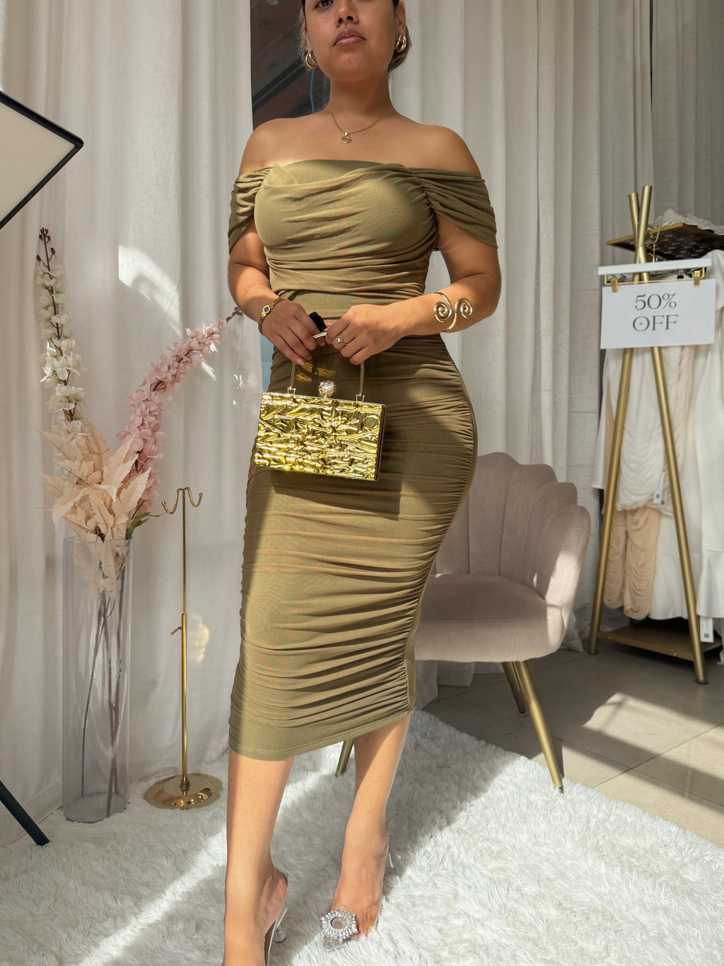 Olive Mesh Layered Midi Dress
