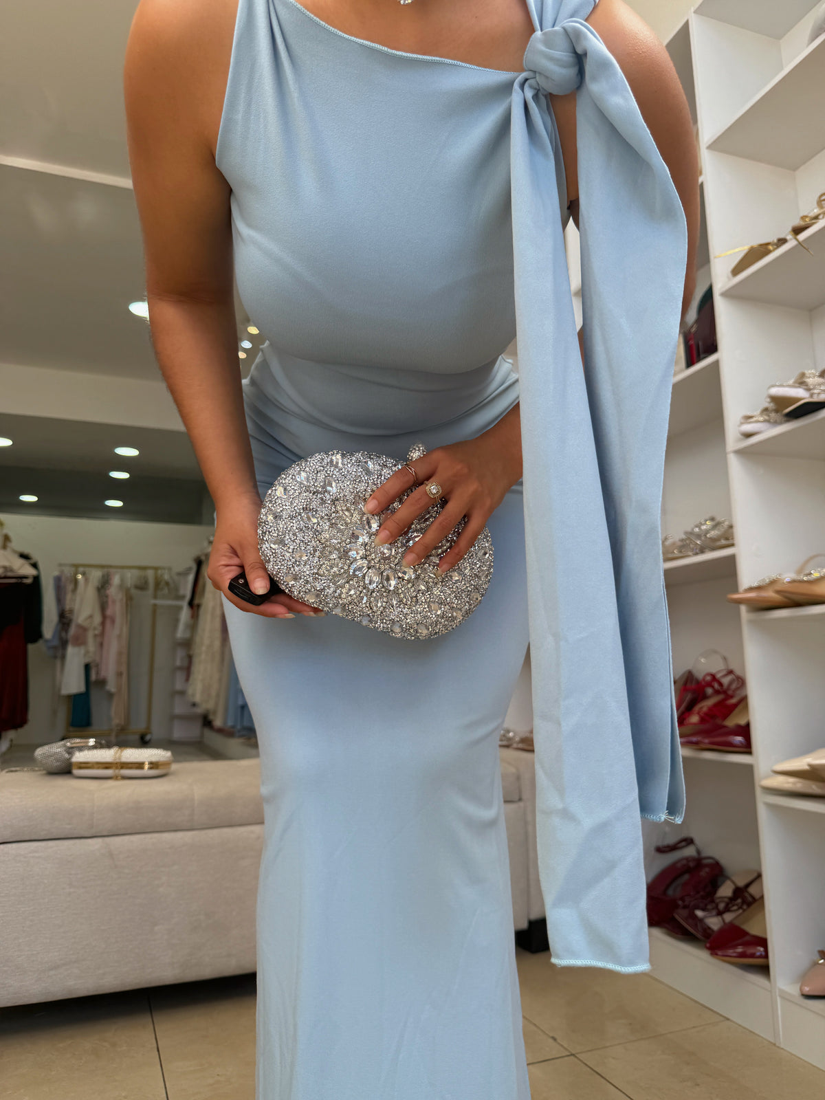 Baby Blue Tie Shoulder Maxi dress material stretches