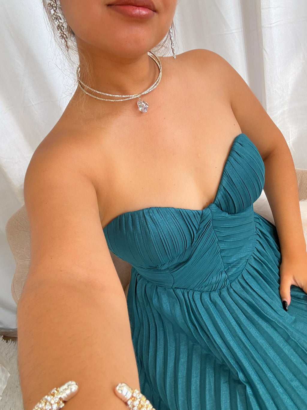 Teal Green Pleated Gala Dress