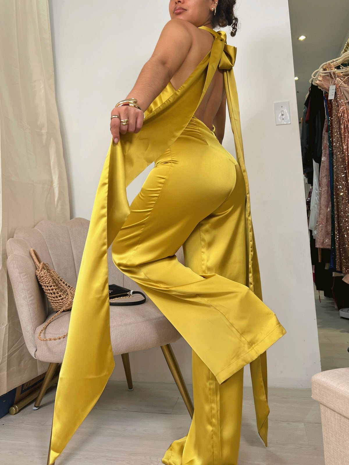 Chartreuse Satin Halter Jumpsuit