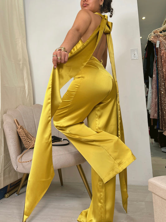 Chartreuse Satin Halter Jumpsuit