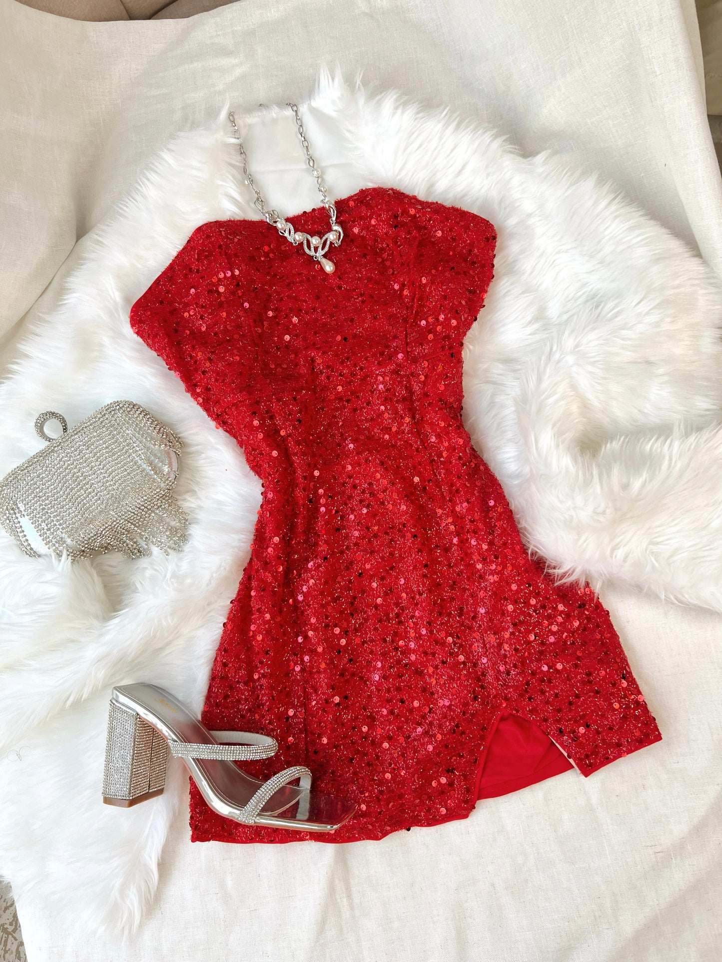 Red Sequins Tube Mini Dress