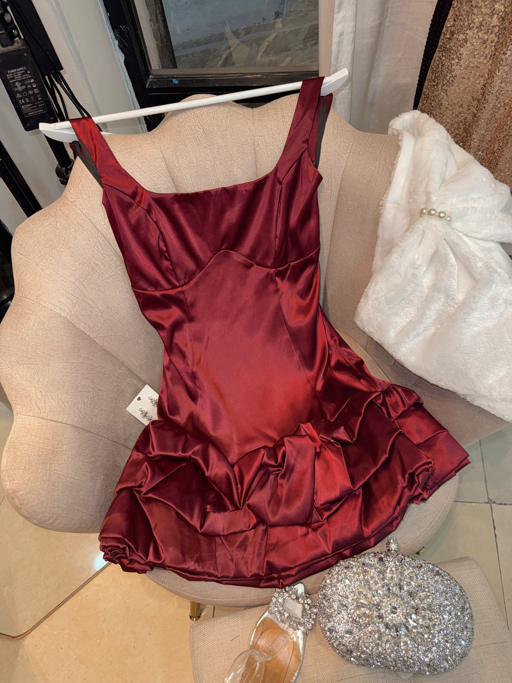 Wine Satin Ruffle Hem Dress