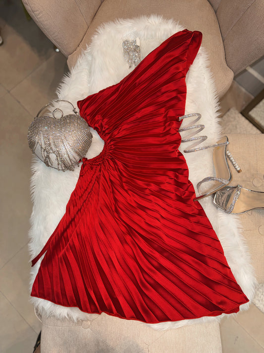 Red Satin Pleated Asym Mini Dress