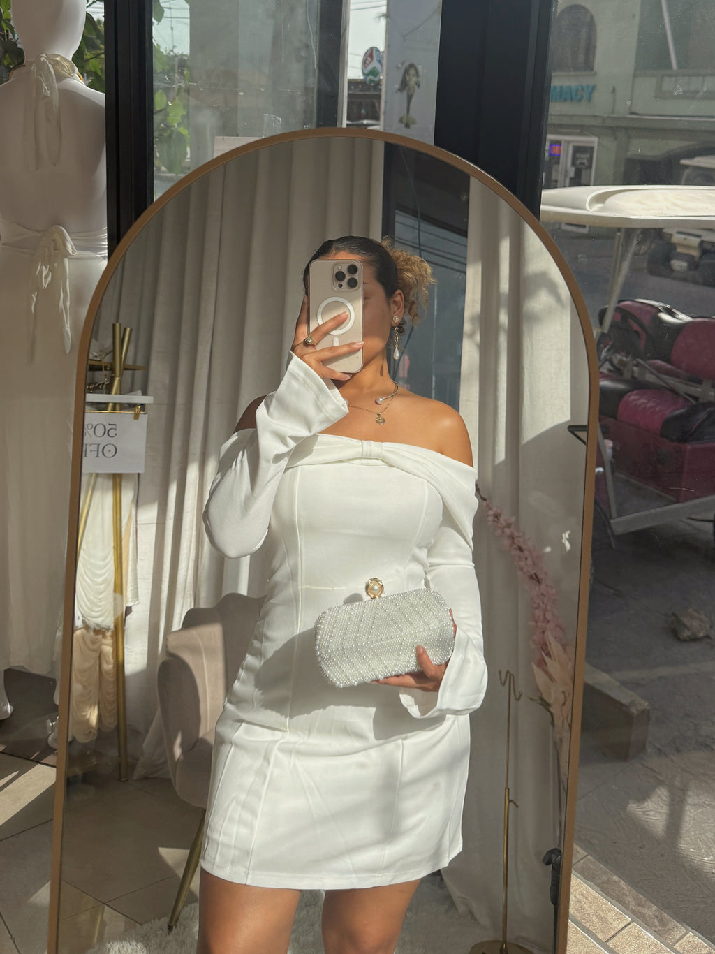 White Bardot Sleeved Mini Dress