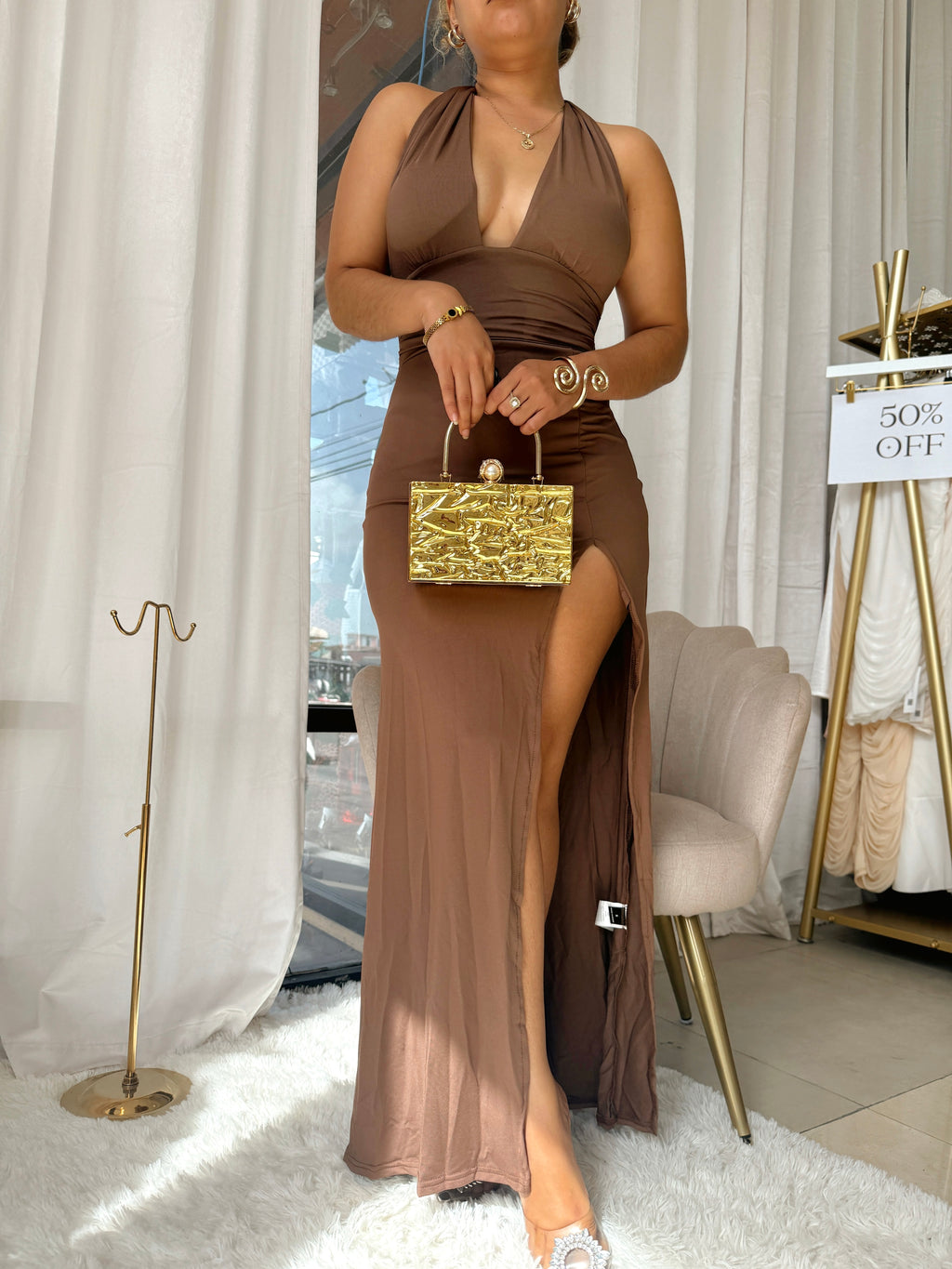 Brown Halter Tie back Midi Dress