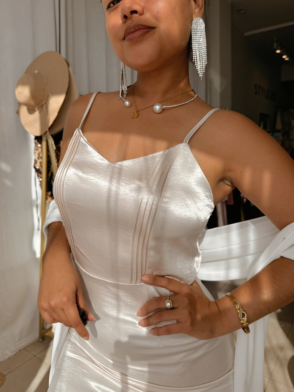 Beige Satin Double lined Midi Dress