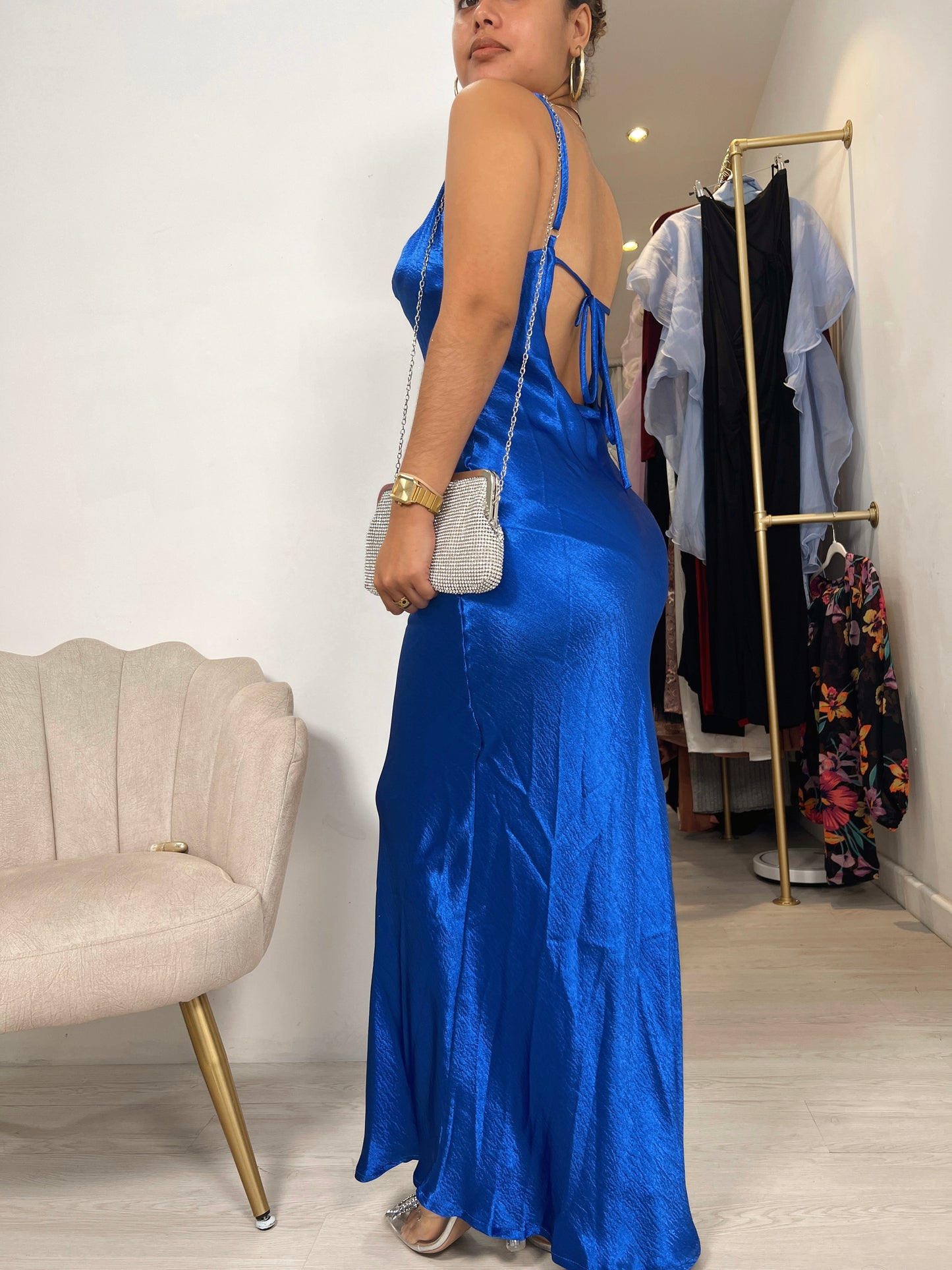 Royal Metallic Satin Draped Maxi Dress