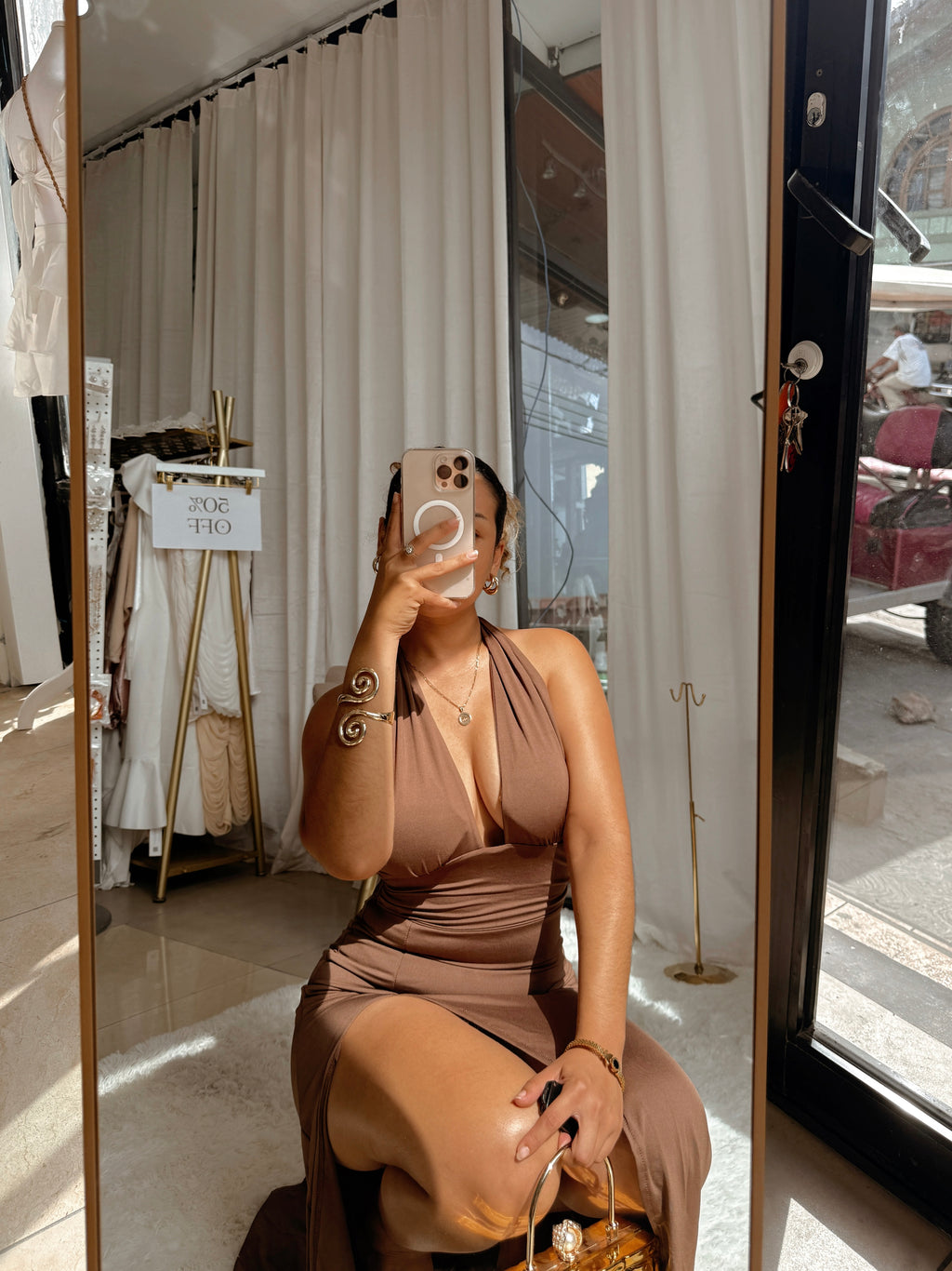 Brown Halter Tie back Midi Dress