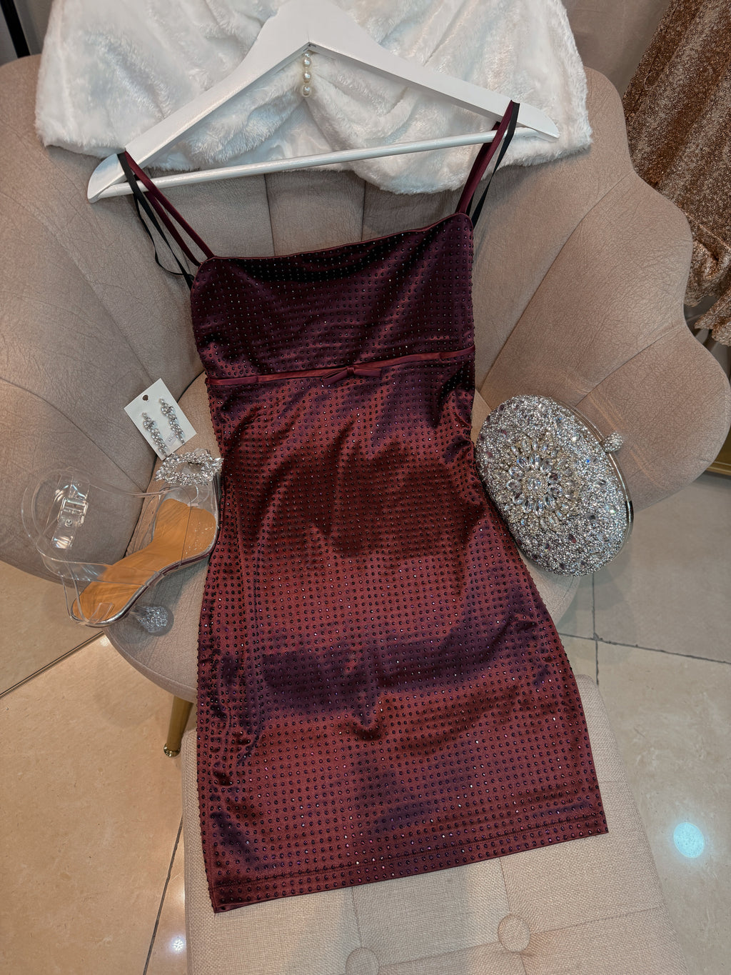Maroon Rhinestone Embellished Mini Dress