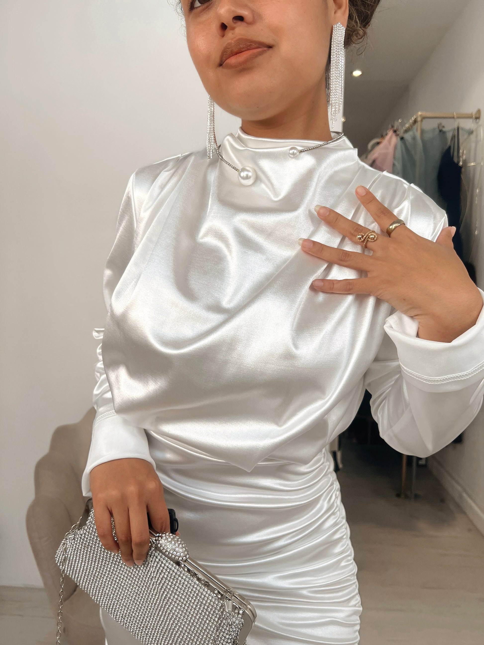 white ruched midi dress with sleeves midi dress with sleeves white Sweetheart Puff Sleeve Embroidered Midi Dress in White