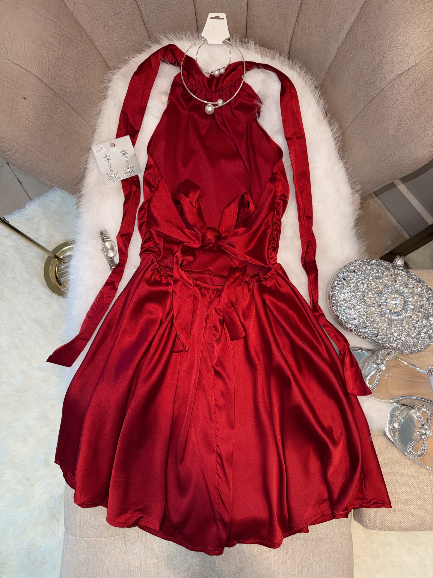 Dark Red Silk Halter A-Line Mini Dress