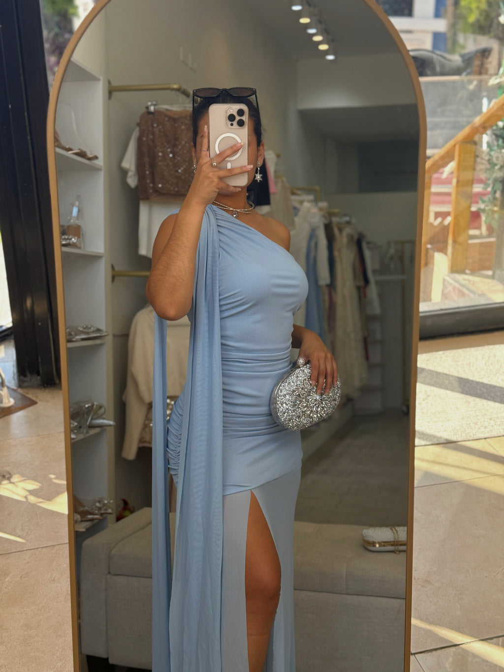 Baby Blue Mesh Shawl Maxi Dress