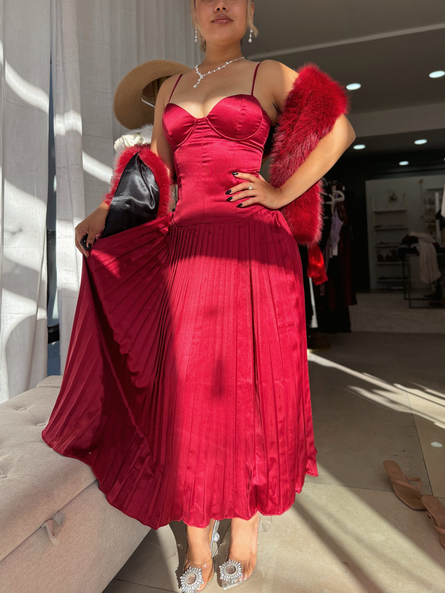 Burgundy Bustier Pleated Midi Dress