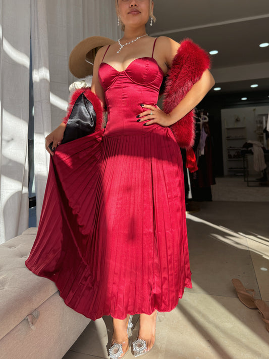 Burgundy Bustier Pleated Midi Dress