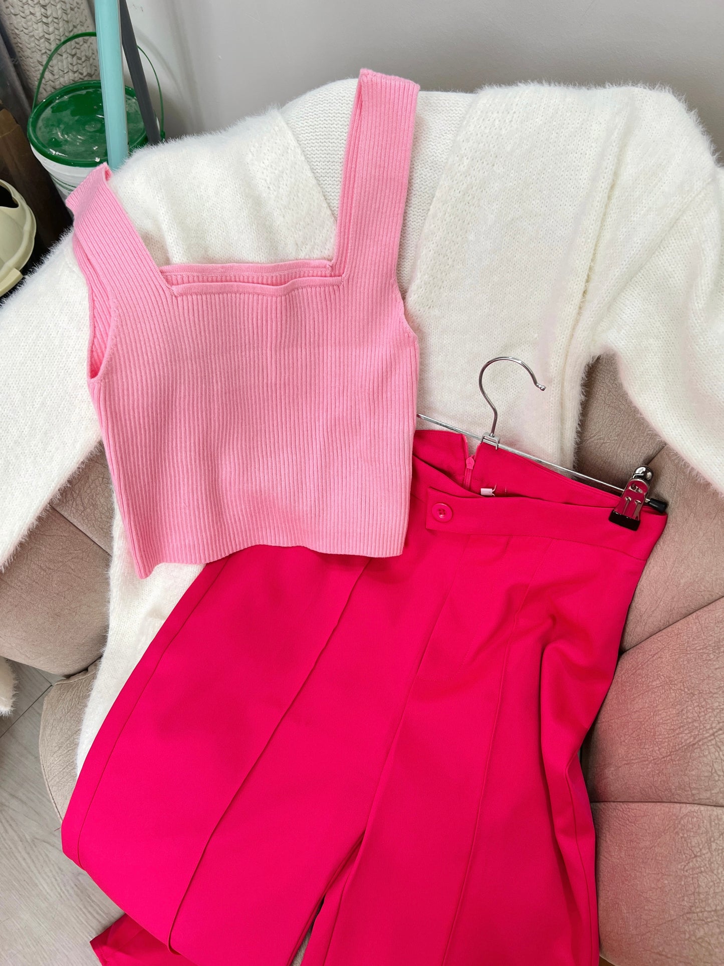 Pink Ribknit Cami Crop Top