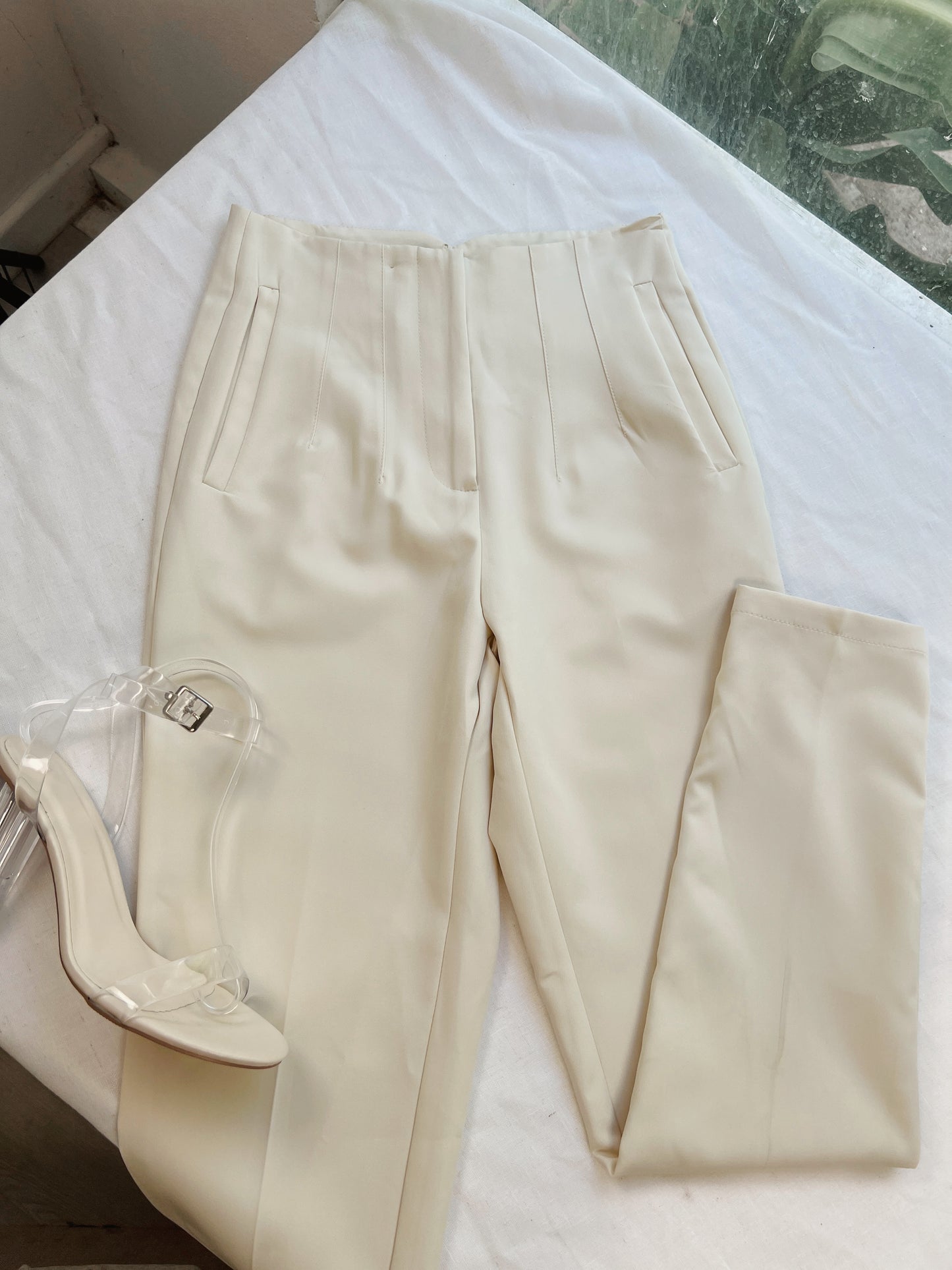 Cream Straight Detailed Trousers