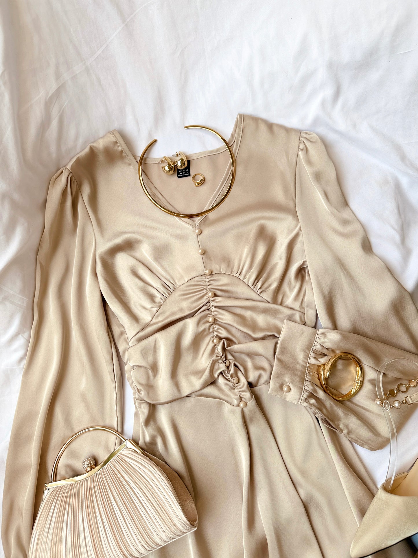 French Gold Satin Bishop Sleeve Dress