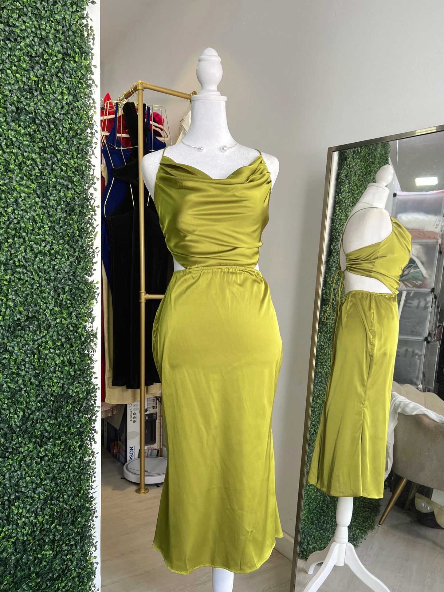 Lime Satin Laced Back Midi Dress