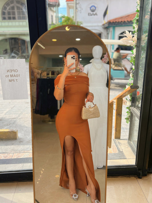 Burnt Orange Bandage Bardot Maxi Dress