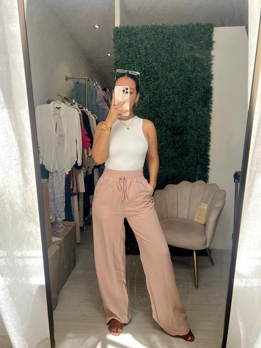 Tan Shirred Waist Palazzo Pants