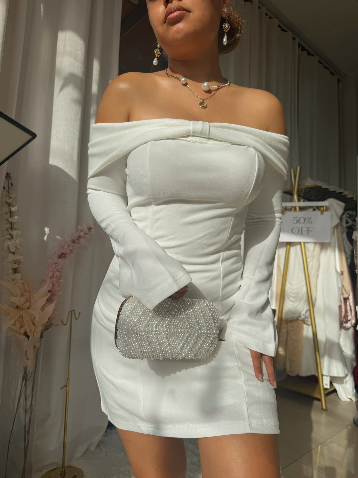 White Bardot Sleeved Mini Dress