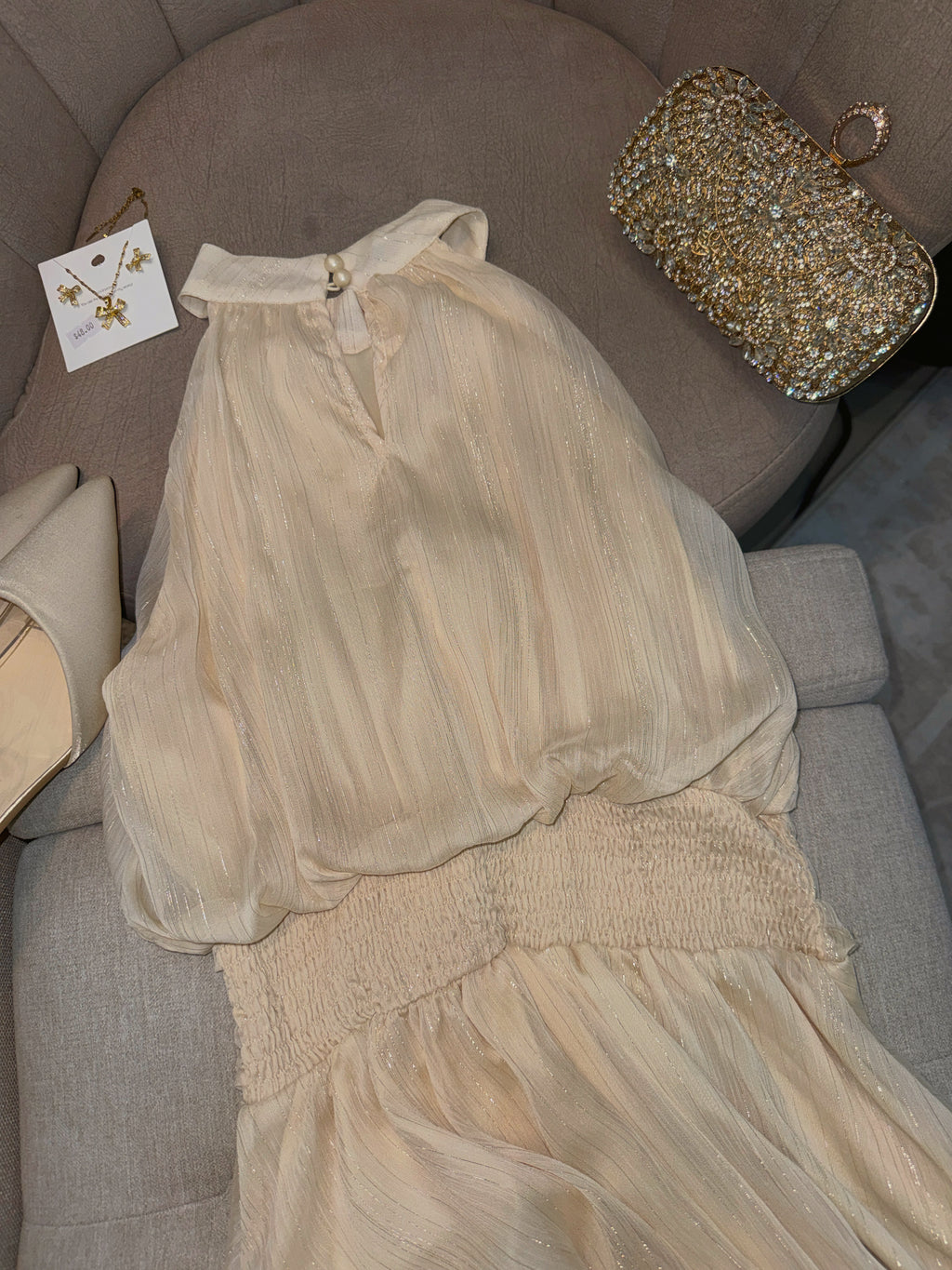 Cream metallic Halter Mini Dress
