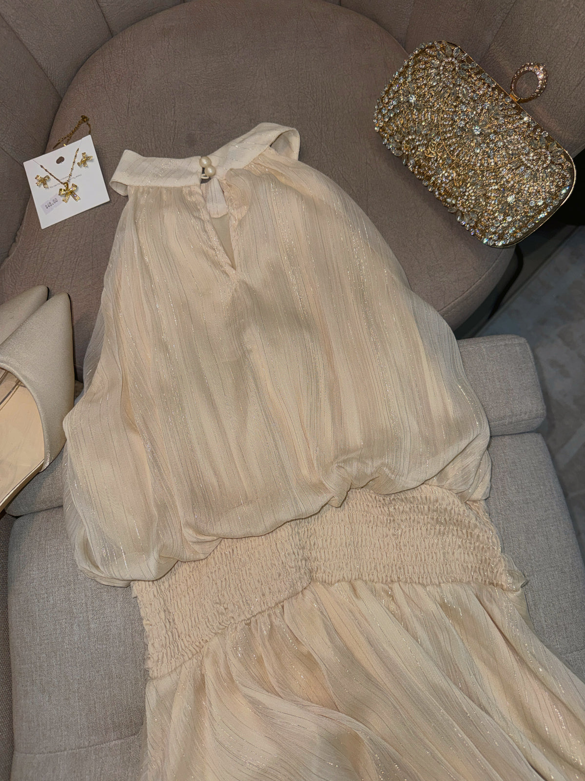 Cream metallic Halter Mini Dress