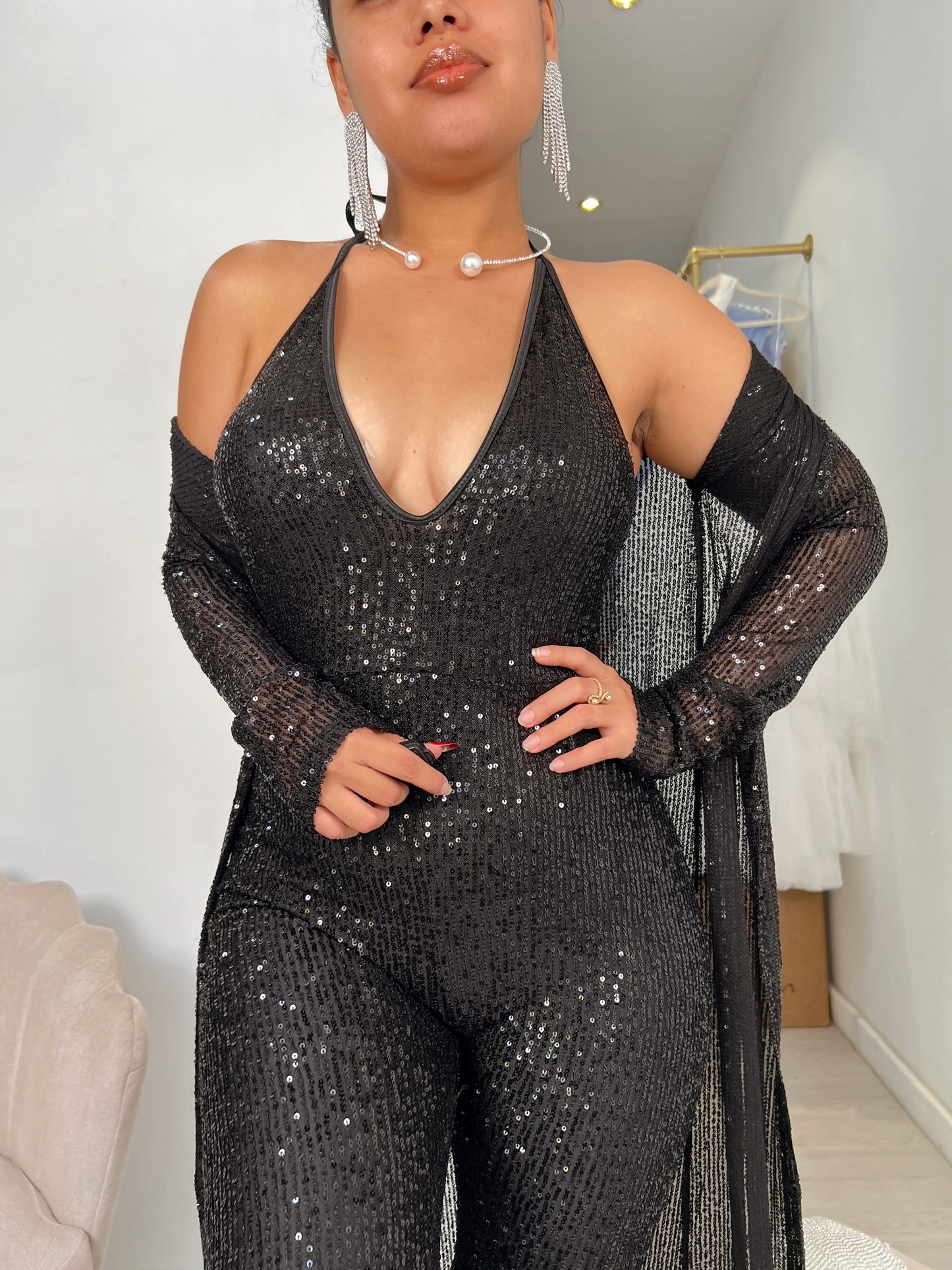 Black Sequins Jumpsuit & Cardigan