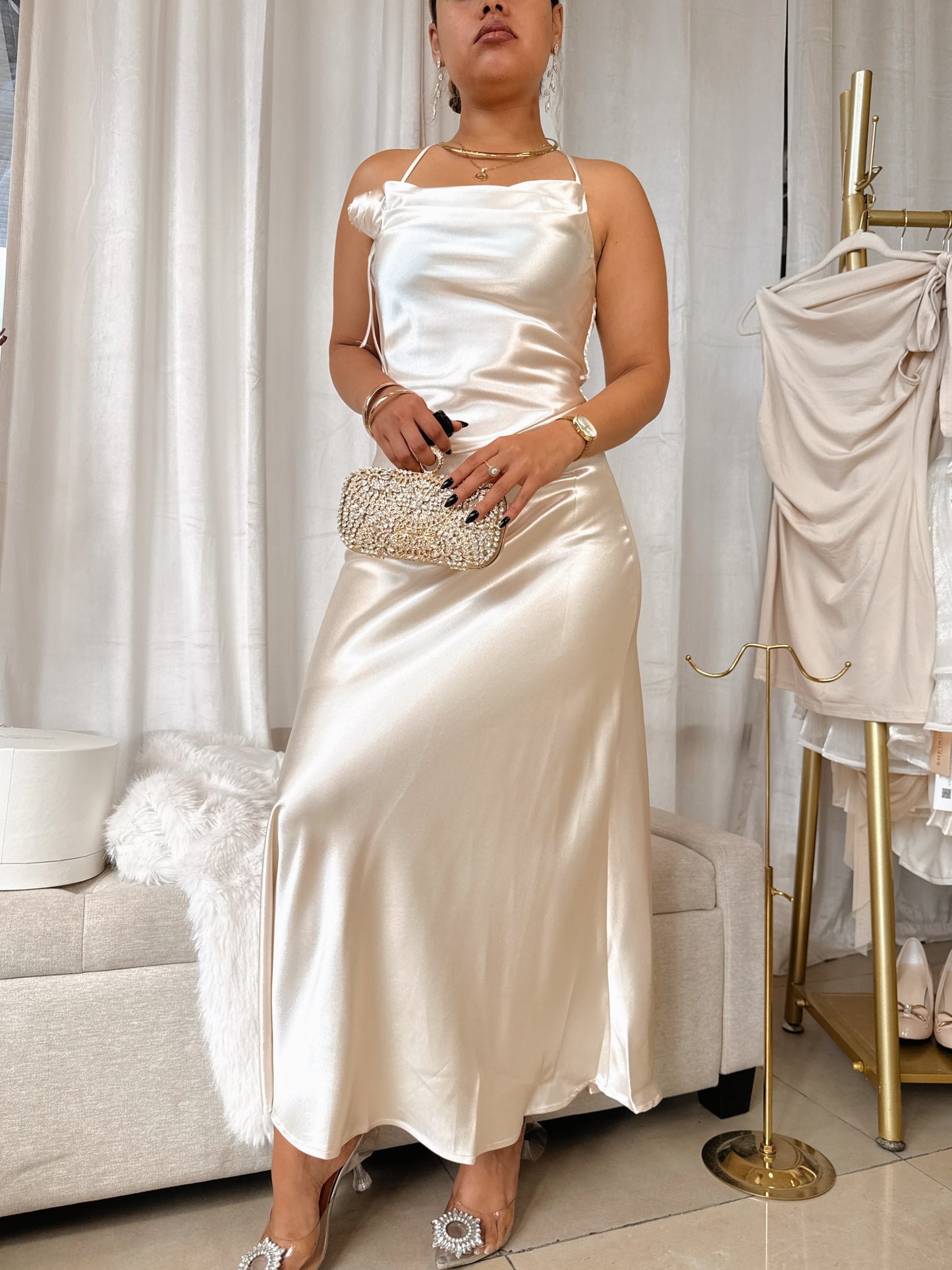 Ivory Champagne Satin Metallic A- Line Midi Dress