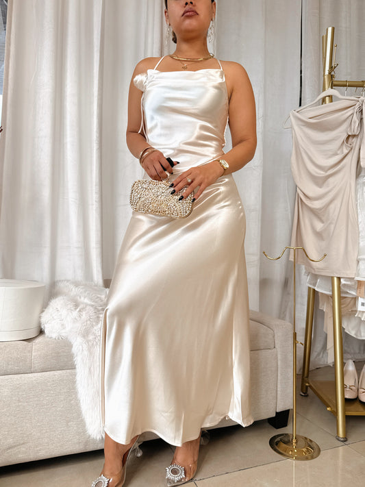 Ivory Champagne Satin Metallic A- Line Midi Dress