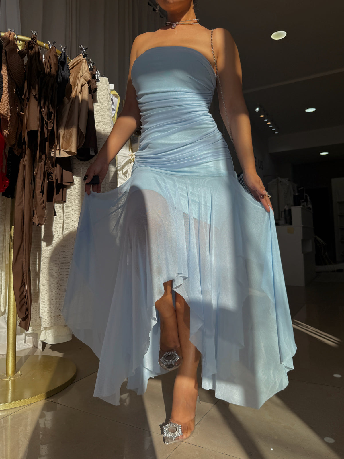 Sky Blue Mesh tube Midi Dress
