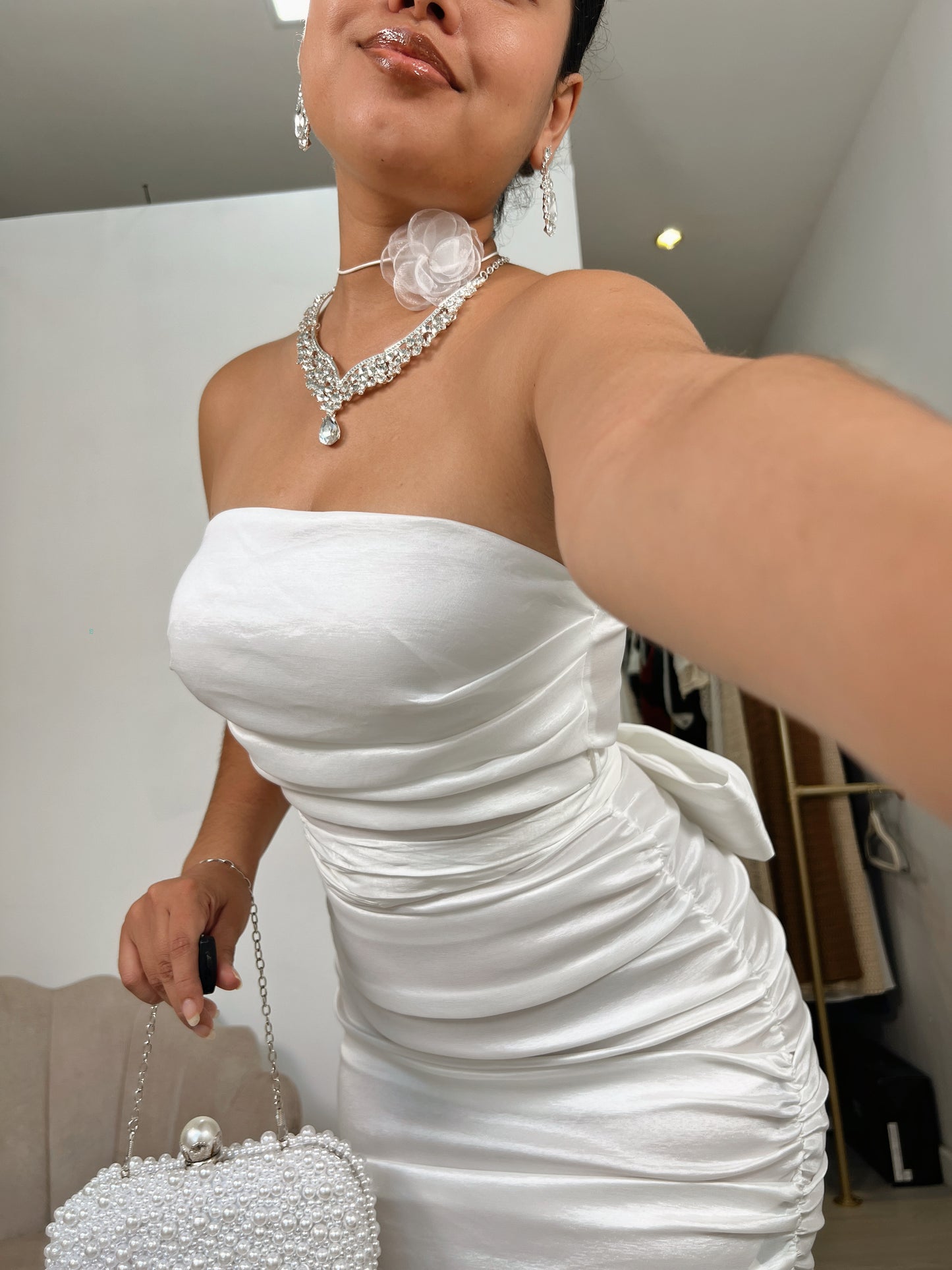 White Metallic Tube Bow Mini Dress
