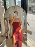 Burgundy Rhinestone Embellished Tube Mesh Hem Dress