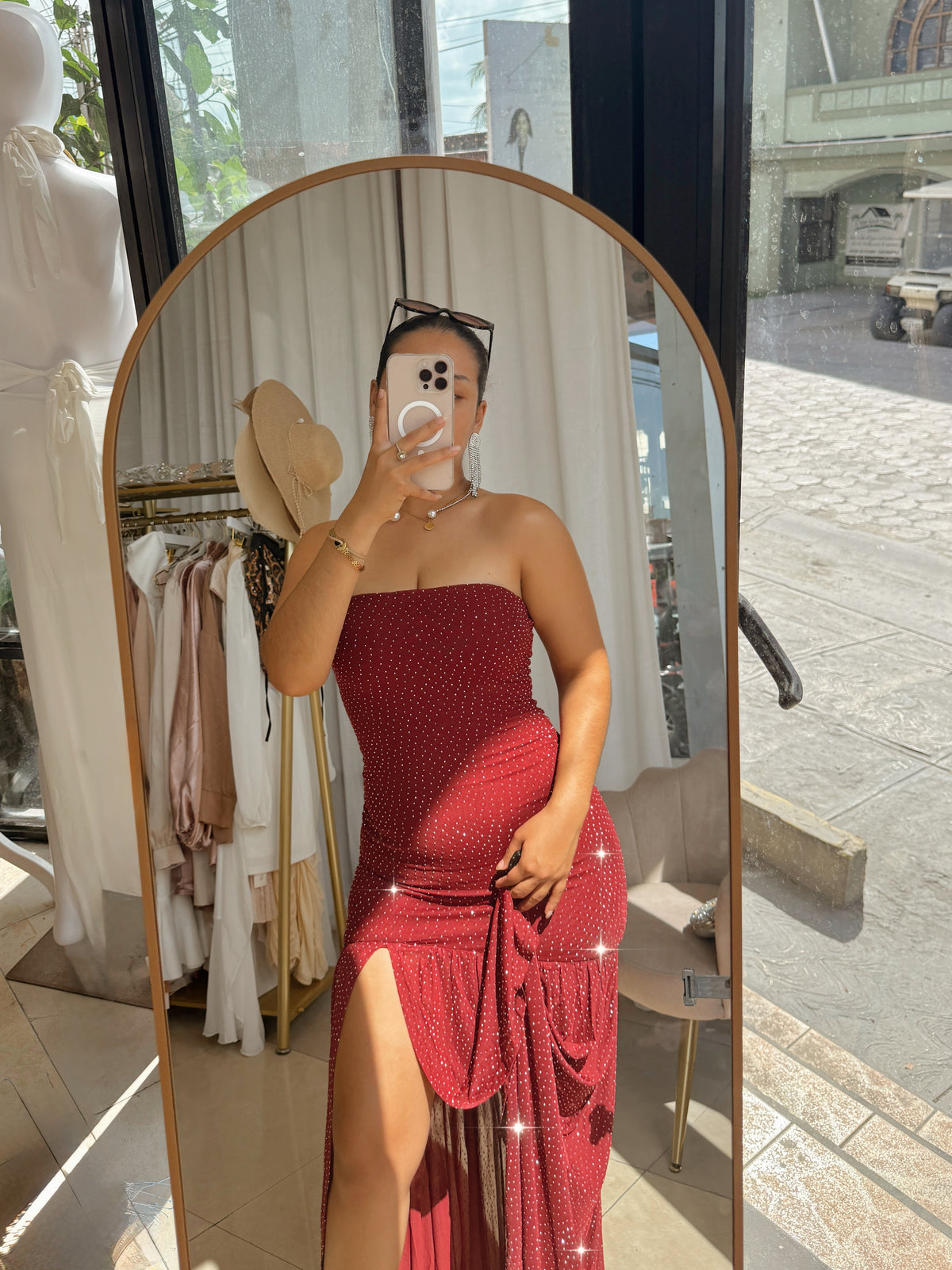 Burgundy Rhinestone Embellished Tube Mesh Hem Dress