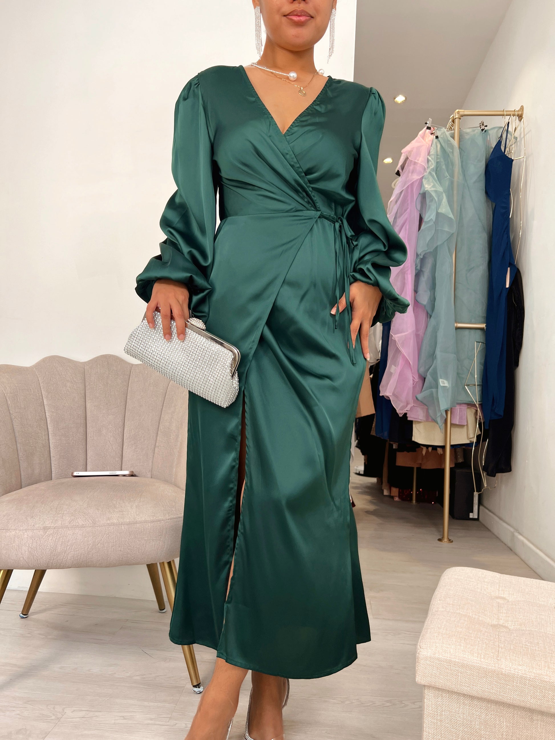 Green Satin Lantern Sleeve Dress STYLE US Green Satin Lantern Sleeve Dress STYLE US