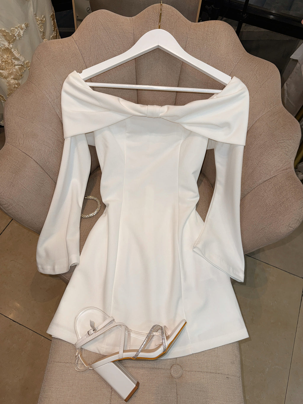 White Bardot Sleeved Semi-formal Dress