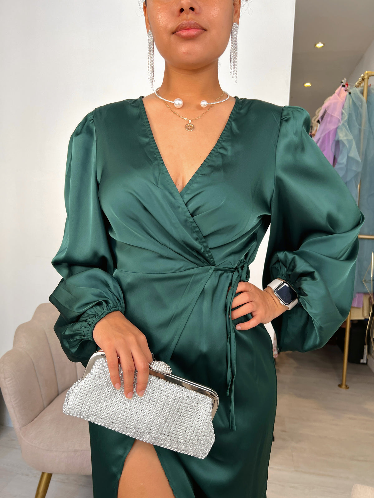Green Satin Lantern Sleeve Dress