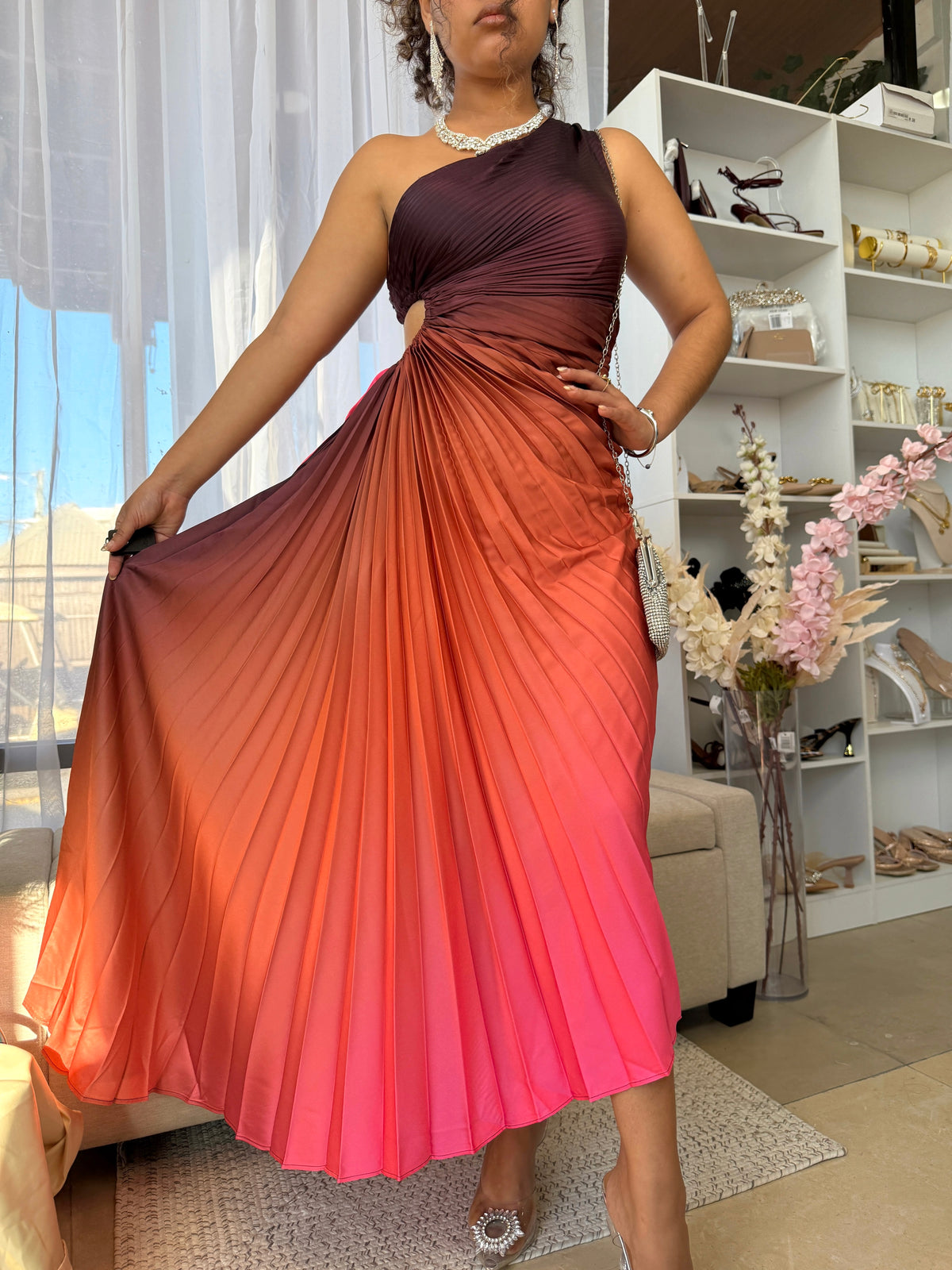 Ombre Pleated Silk Maxi Dress