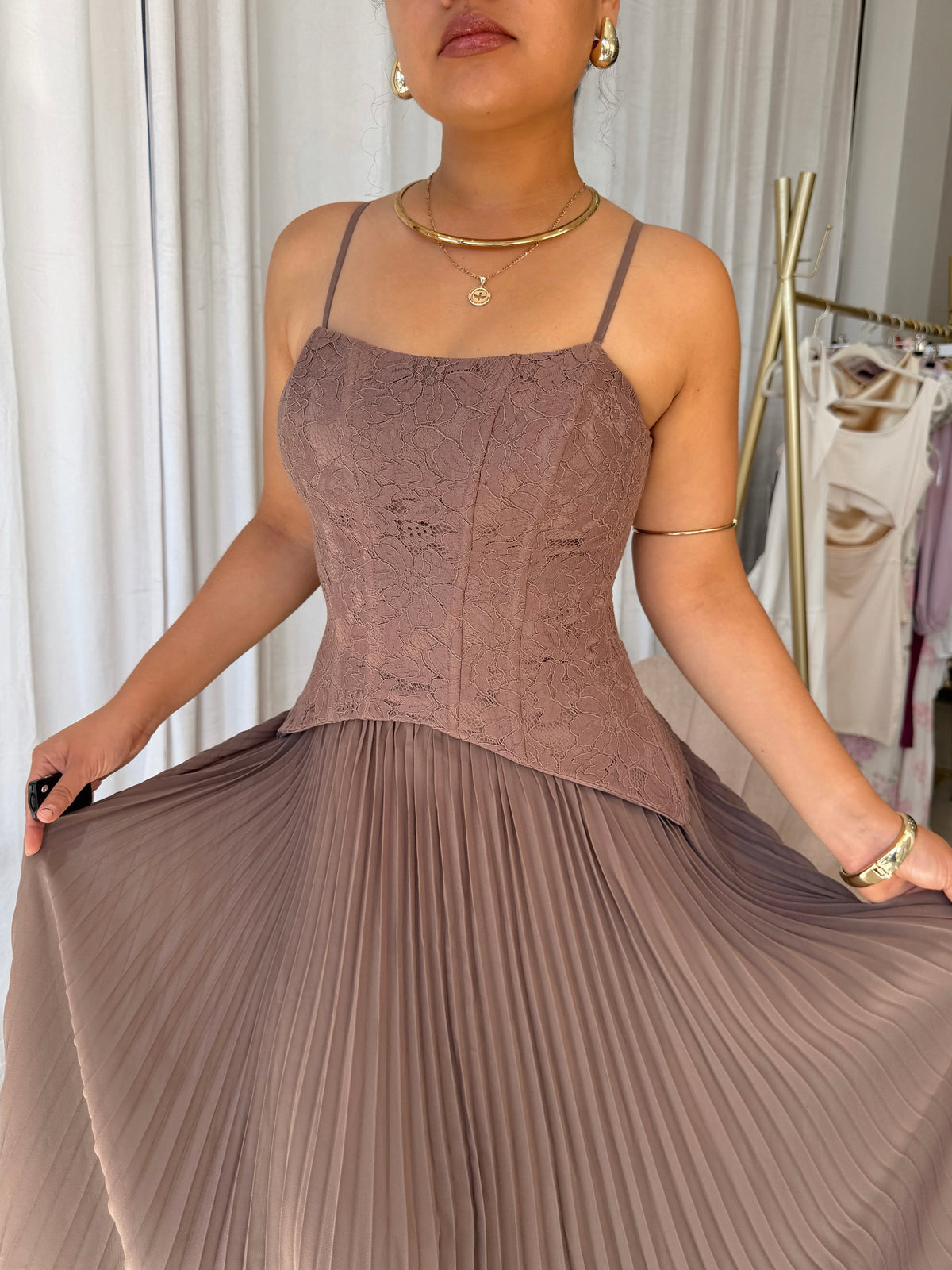 Mocha Brown Corset Pleated Victorian Gown
