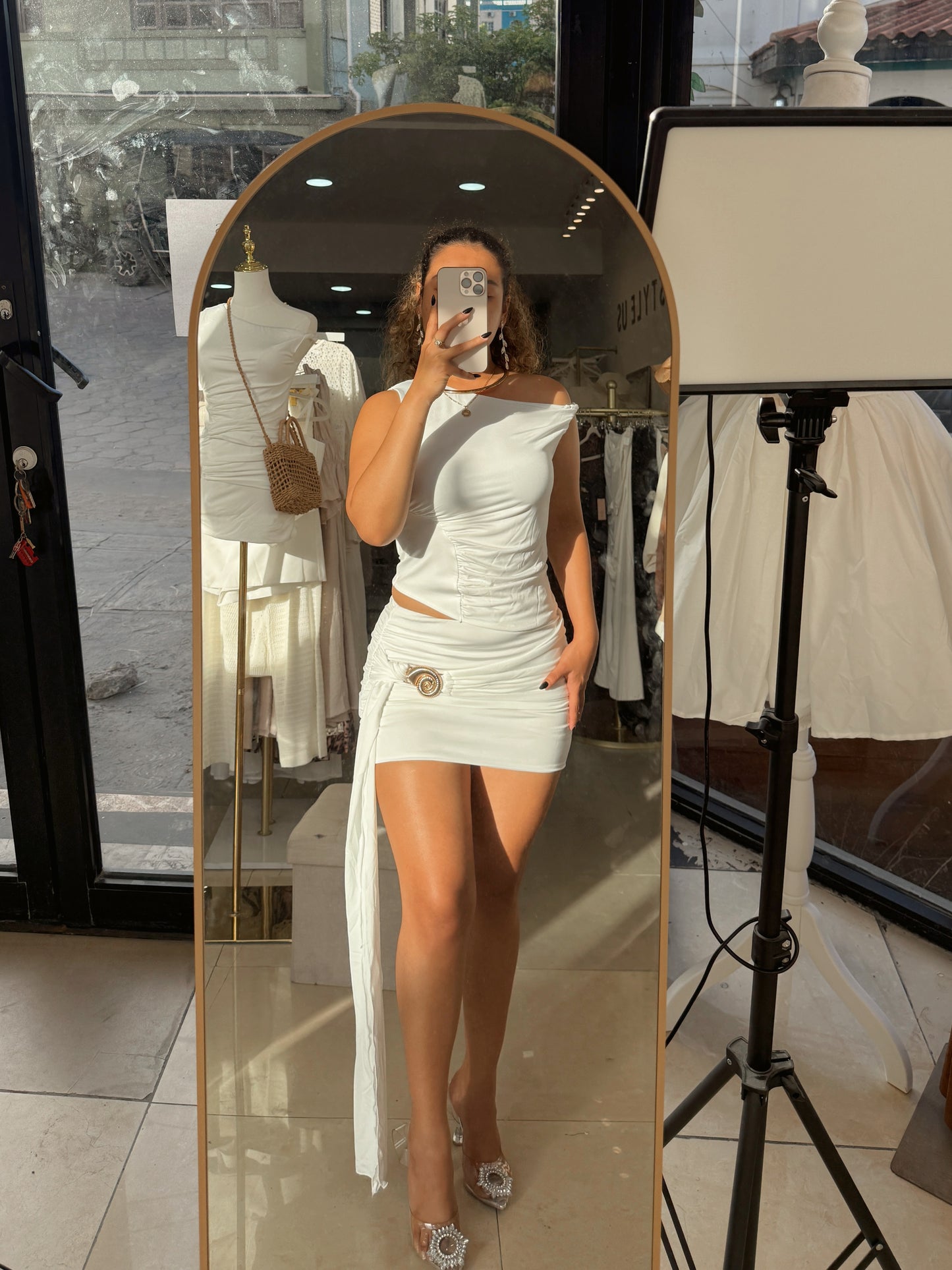2pc White Shell Micro Skirt Set