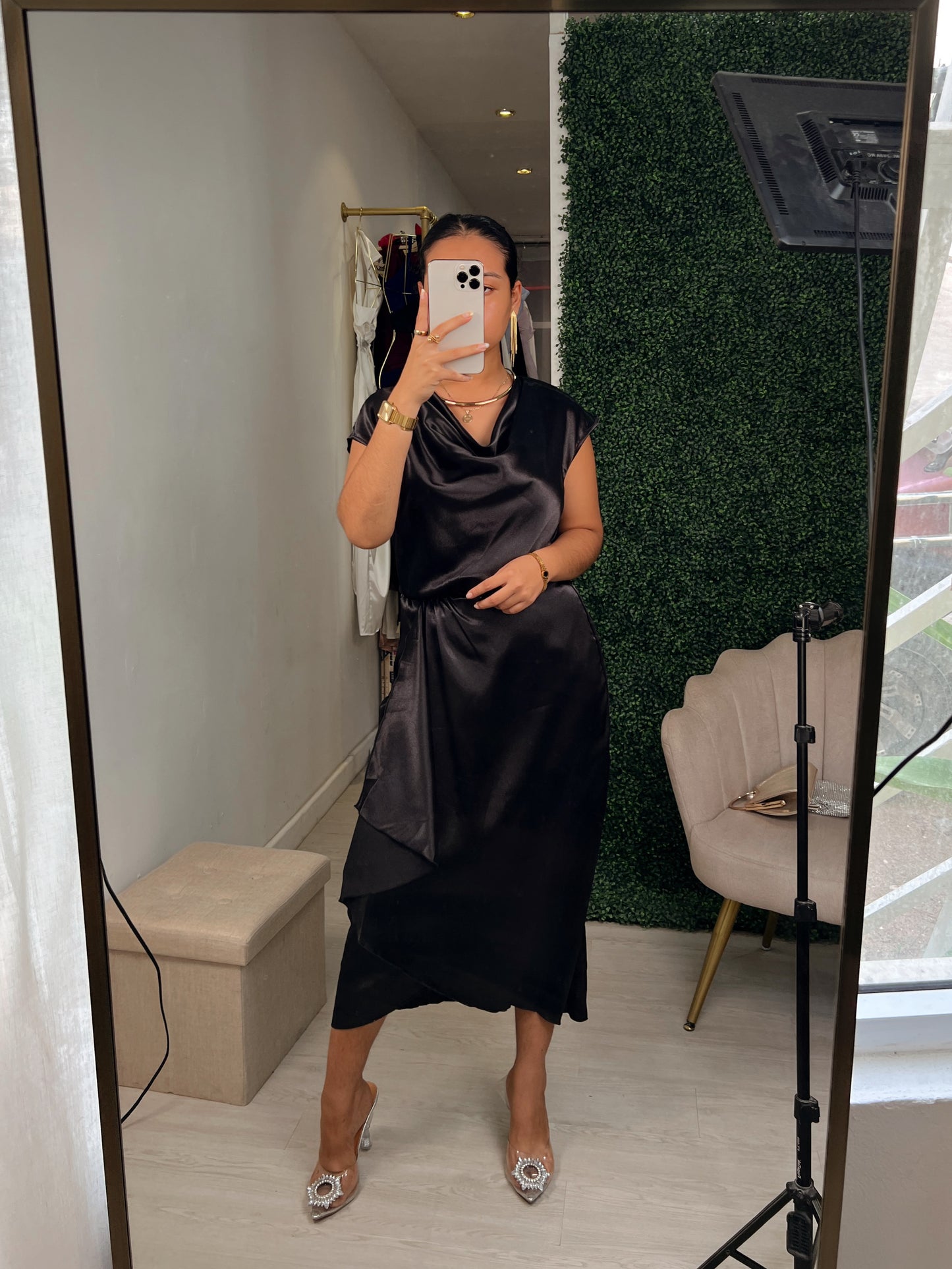 Black Silk Cowl Neck Wrap Midi Dress