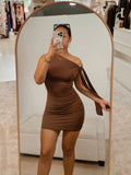 Brown Tie Shoulder Mini Dress