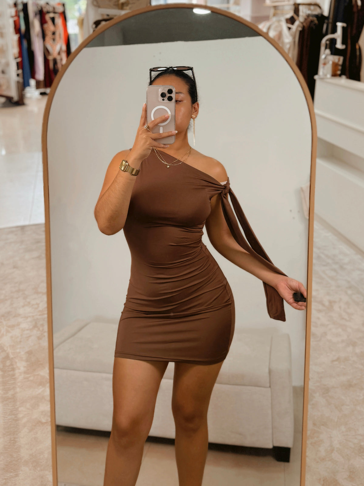 Brown Tie Shoulder Mini Dress
