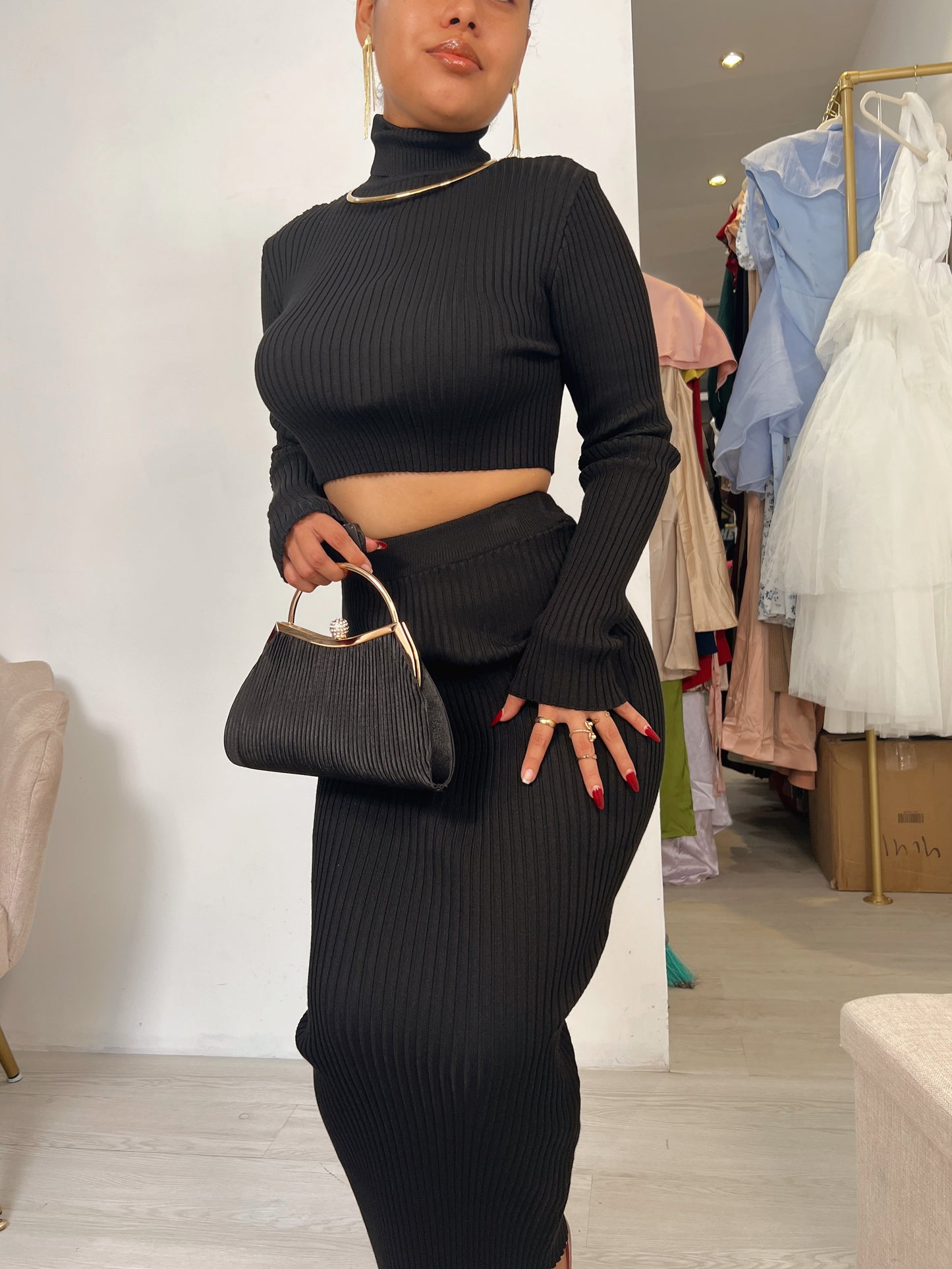 Black Ribbed Sweater Midi Skirt Set