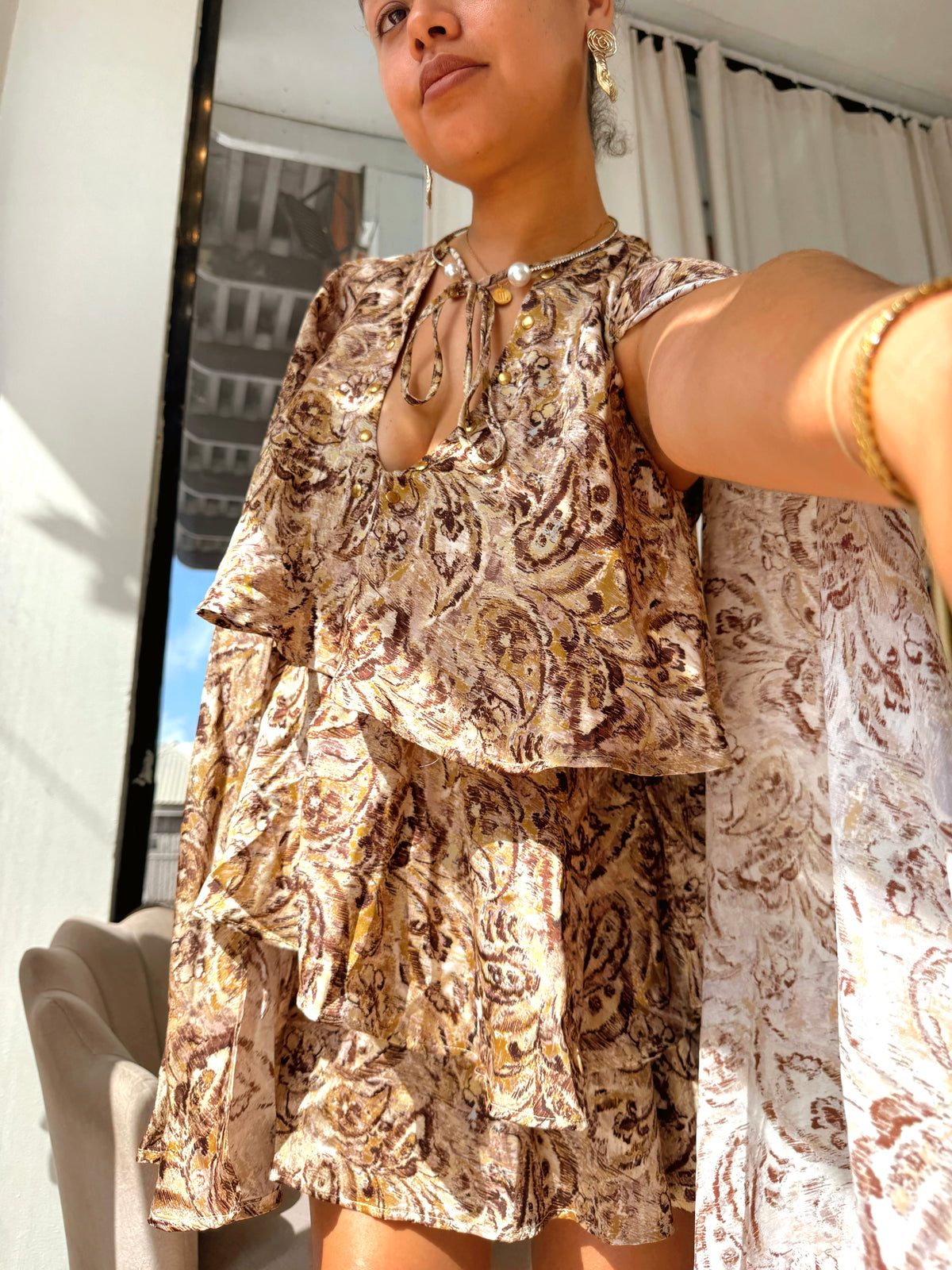 Paisley Satin Cape Detail Layered Dress